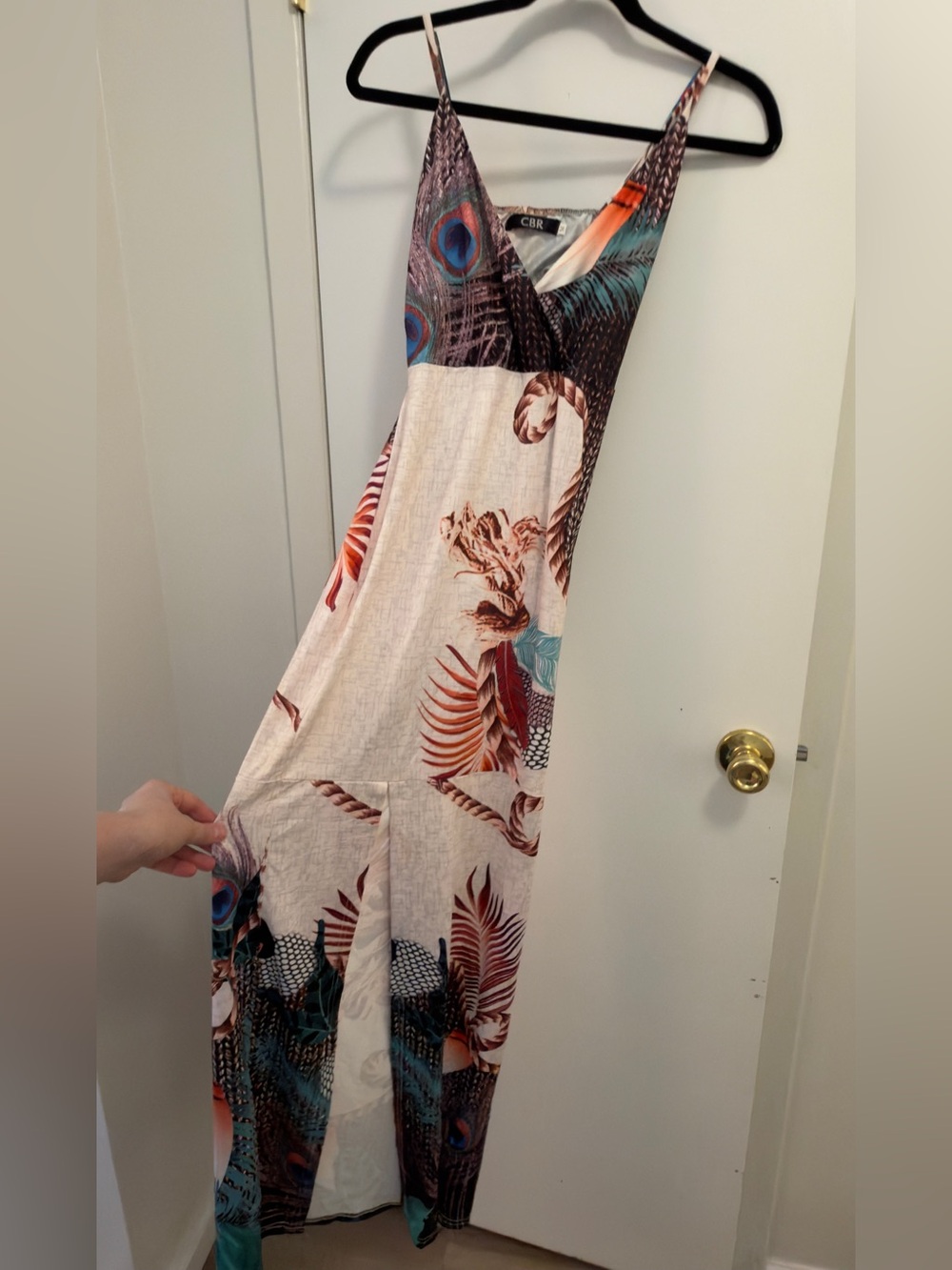 CBR peacock print dress with peacock feathers and tropical leaves Size M